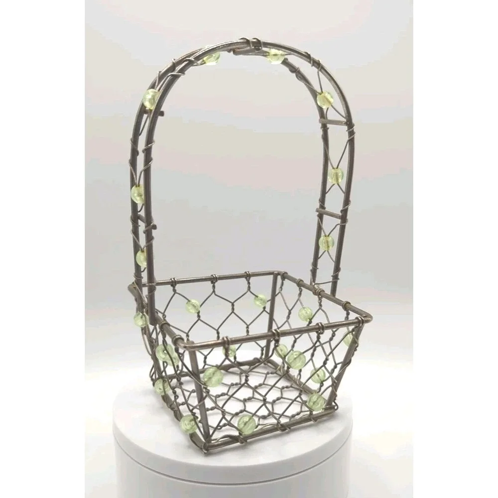 Vintage Square Metal Wire Basket Beaded Green Gems Handle 6.5